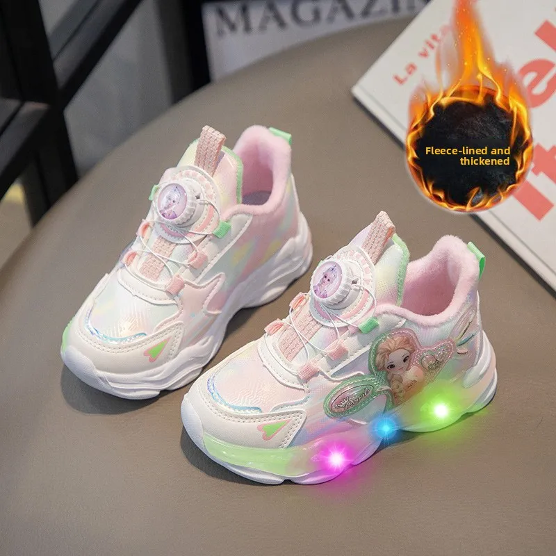 

Girls Light-Up Sneakers, Leather Strap Soft Sole Running Shoes for Kids Twist-Knit School Wear