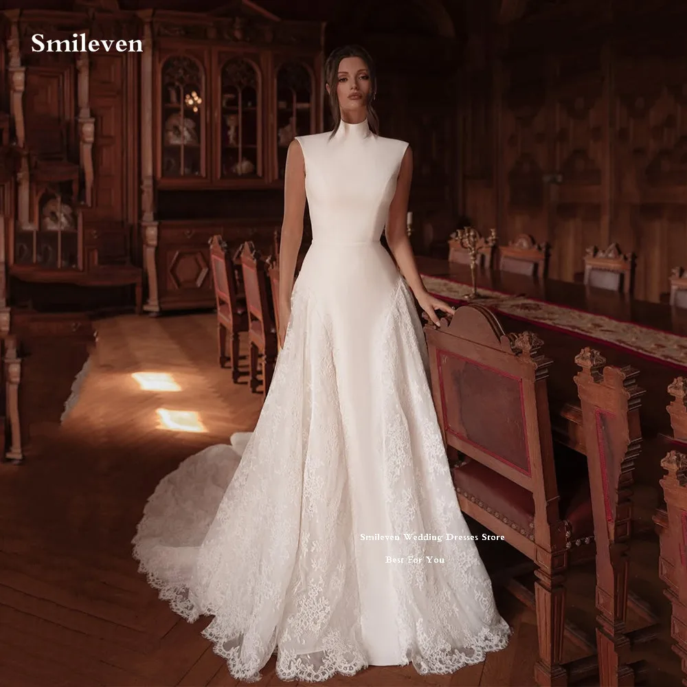 

Smileven Modest Ivory Lace Wedding Dresses High Neck Romantic Button Bride Dress Vestido de novia Crape Wedding Gowns Customized