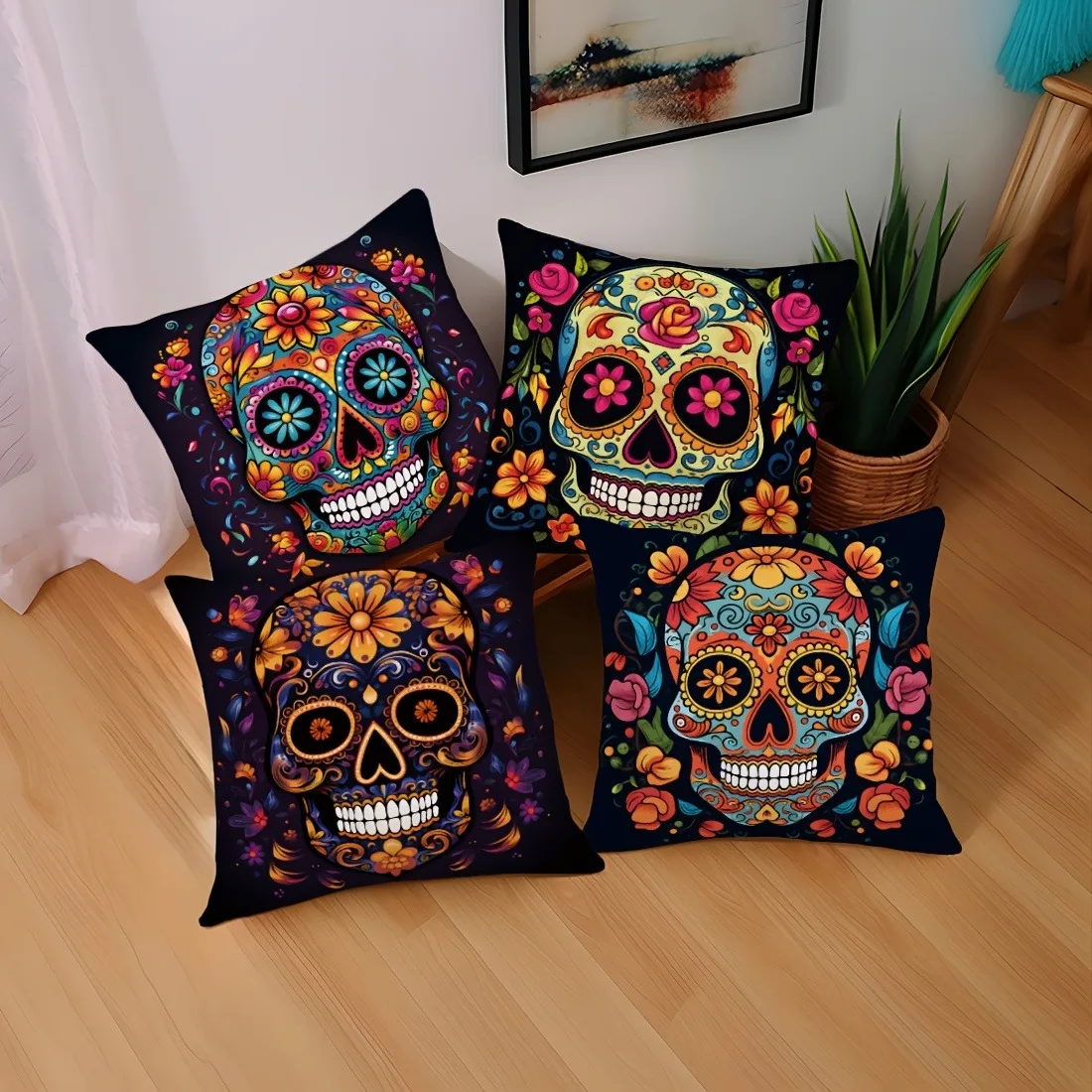 

4pcs Modern Sugar Skull Pillowcase Bedroom Sofa Window Sill Car Decoration Cushion Cover Daily Home Decoration