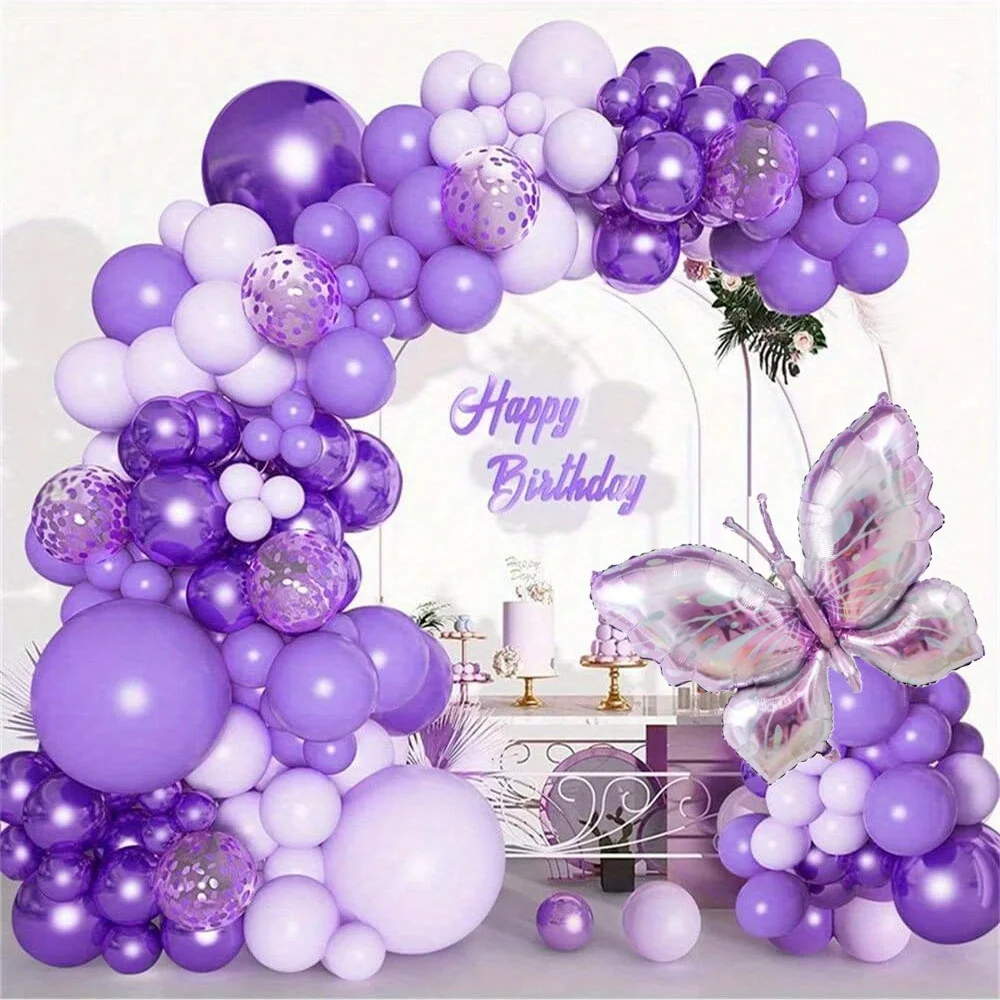 107pcs Purple Butterfly Themed Balloon Set for Birthday Graduation Bachelor's Party Wedding Engagement Spring/summer Decoration