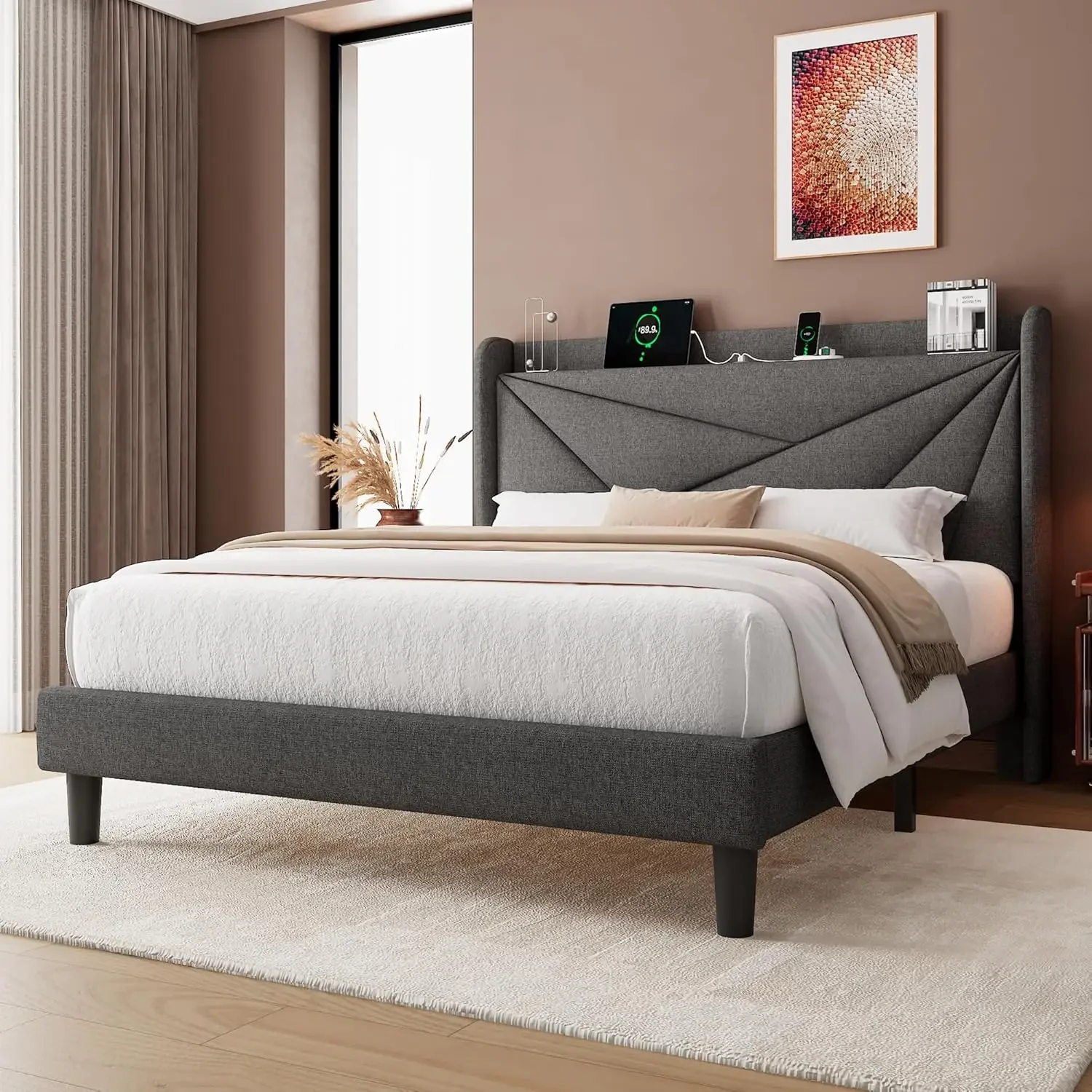 iPormis Queen Bed Frame with Charging Station, Platform Upholstered Bed, Linen Geometric Storage Headboard