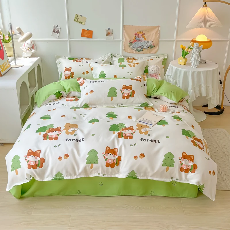 Cute Cartoon Bear Squirrel Duvet Cover Green Forest Tree Print Bedding Set Reversible Quilt Cover with Flat Sheet and Pillowcase