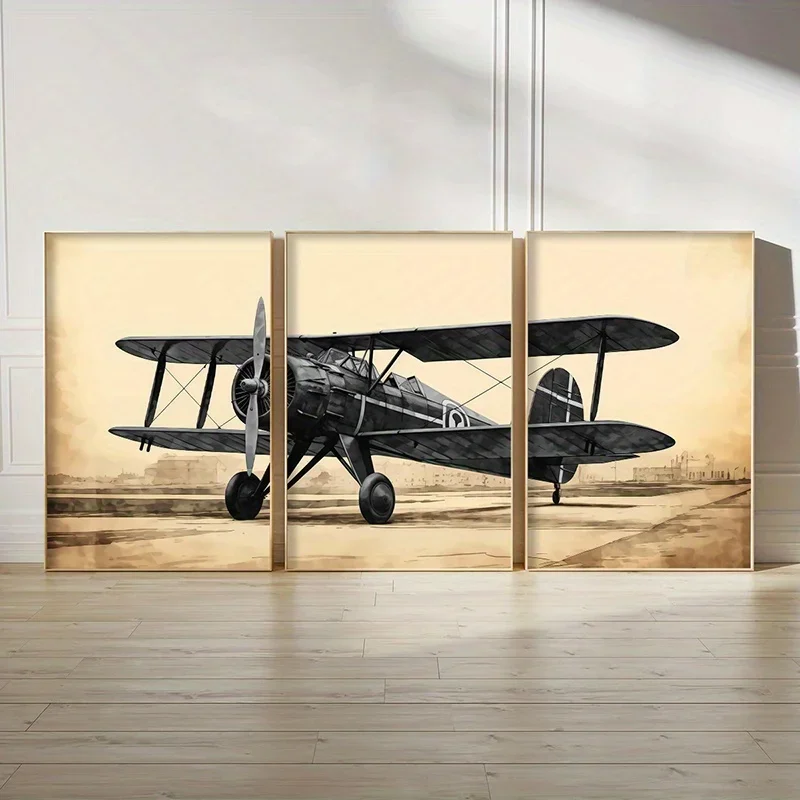 (No frame)3pcs Vintage Aircraft Canvas Poster Set - Unframed Retro Military Plane Wall Art, Classic Black & White Design for