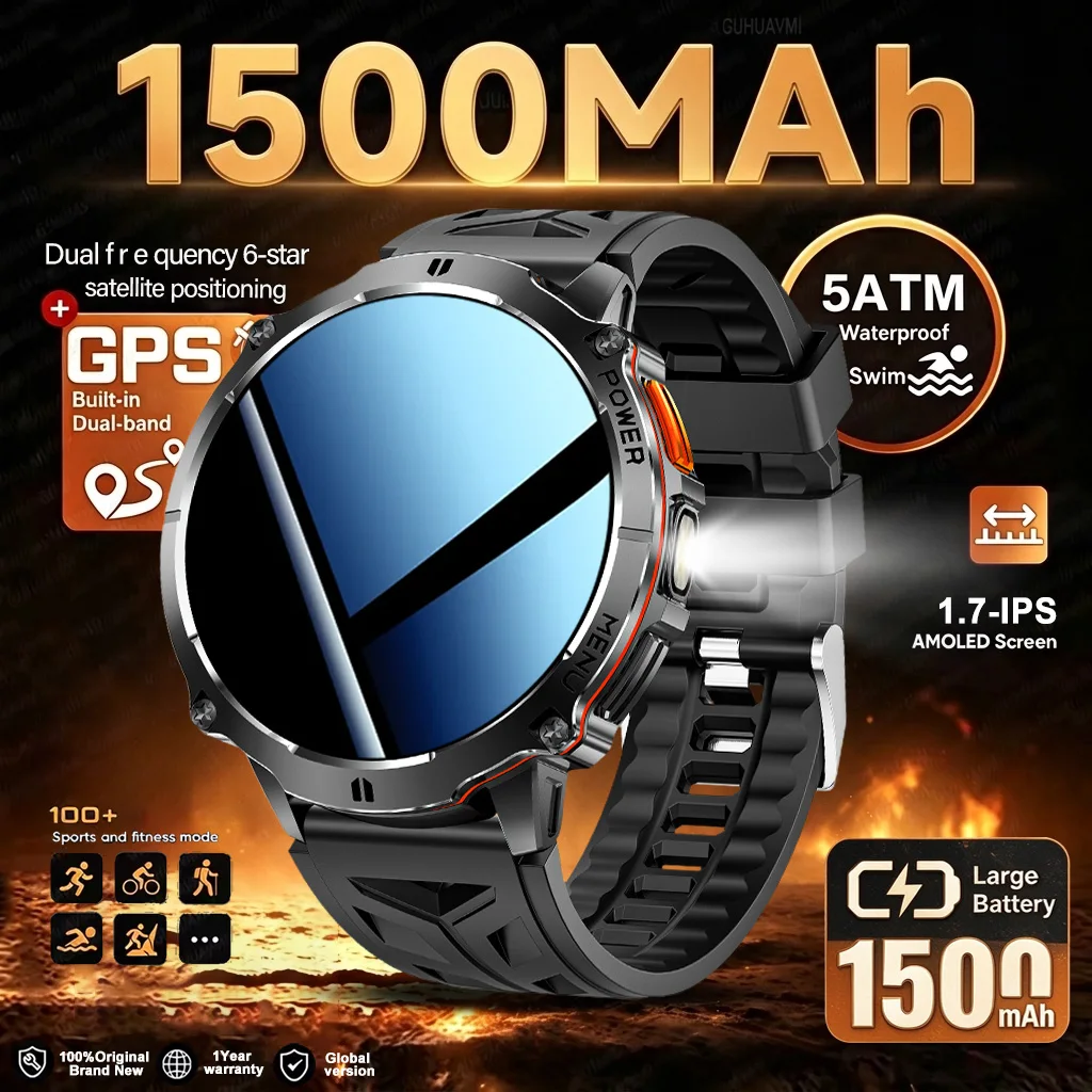 New T-RX6 Ultra 1500mAh Battery Military Smart Watch 50Meters Waterproof GPS Compass Tactical LED Flashlight Men Sports Bracelet