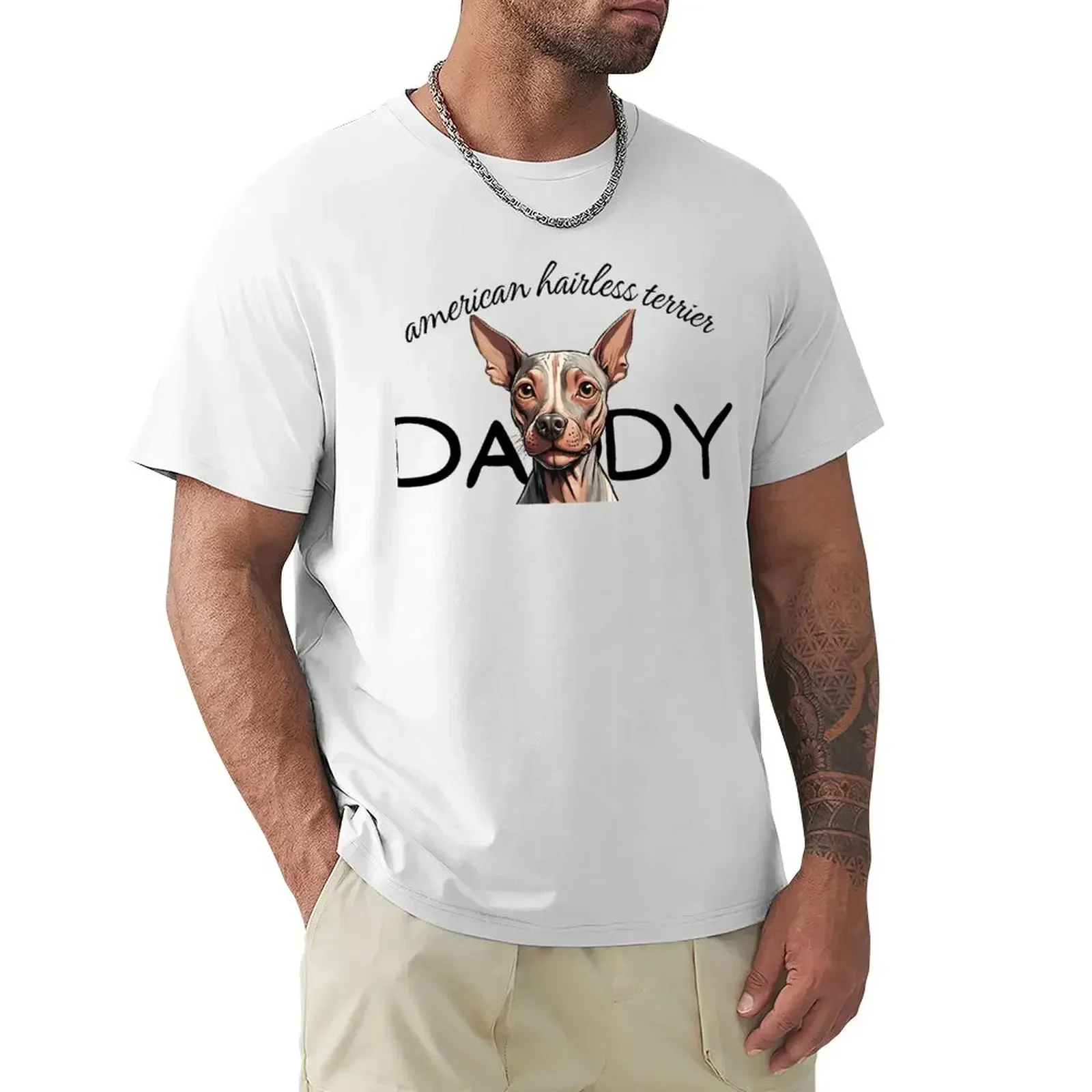 TEW American Hairless Terrier Trendy Printed T-shirt Cute Clothes Men's Black Cotton T-shirt PatternNO.1