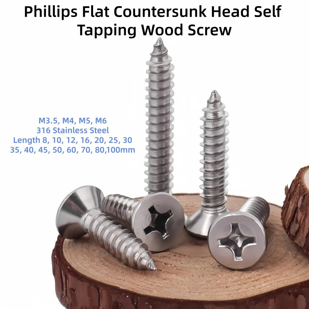 M3.5 M4 M5 M6 316 Stainless Steel Countersunk Head Self-Tapping Wood Screws, Length 8-100mm Flat Head Fasteners