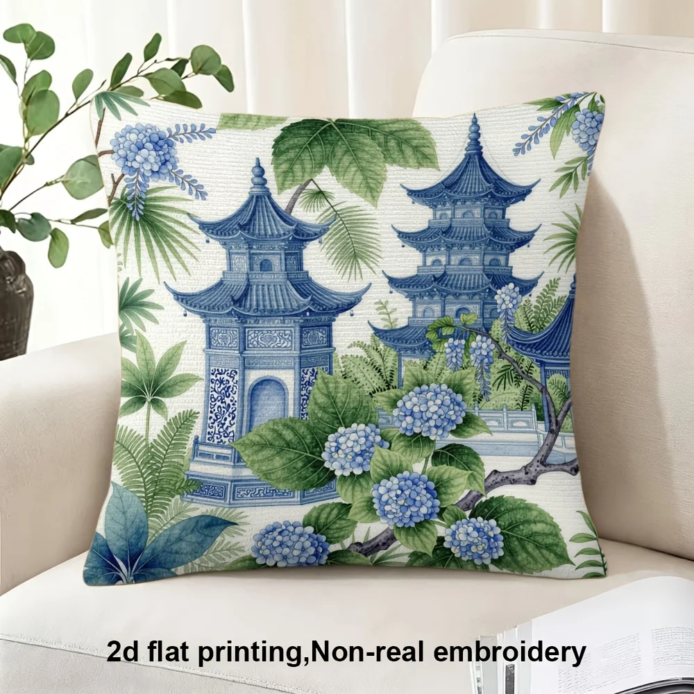Chinoiserie Blue Pagoda Hydrangea Throw Pillow Cover Oriental Garden Floral Cushion Case Home Decor Pillowcase