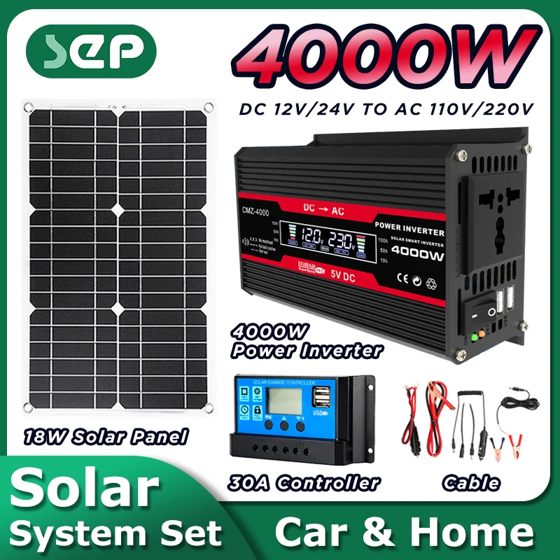 

Solar System Power Generation Combination 4000w Inverter Solar Panel 30a Controller 12V-220V110V Camping Emergency