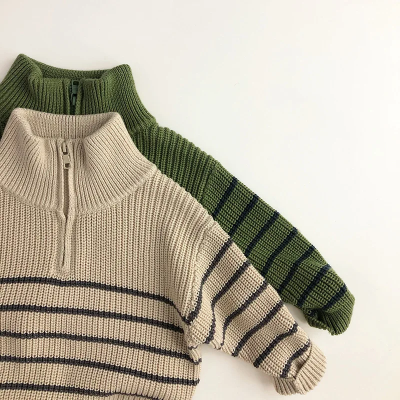 2024 Autumn New Children Long Sleeve Casual Striped Sweater Thick Warm Baby Knit Sweater Pullover Boys Girls Tops Kids Clothes