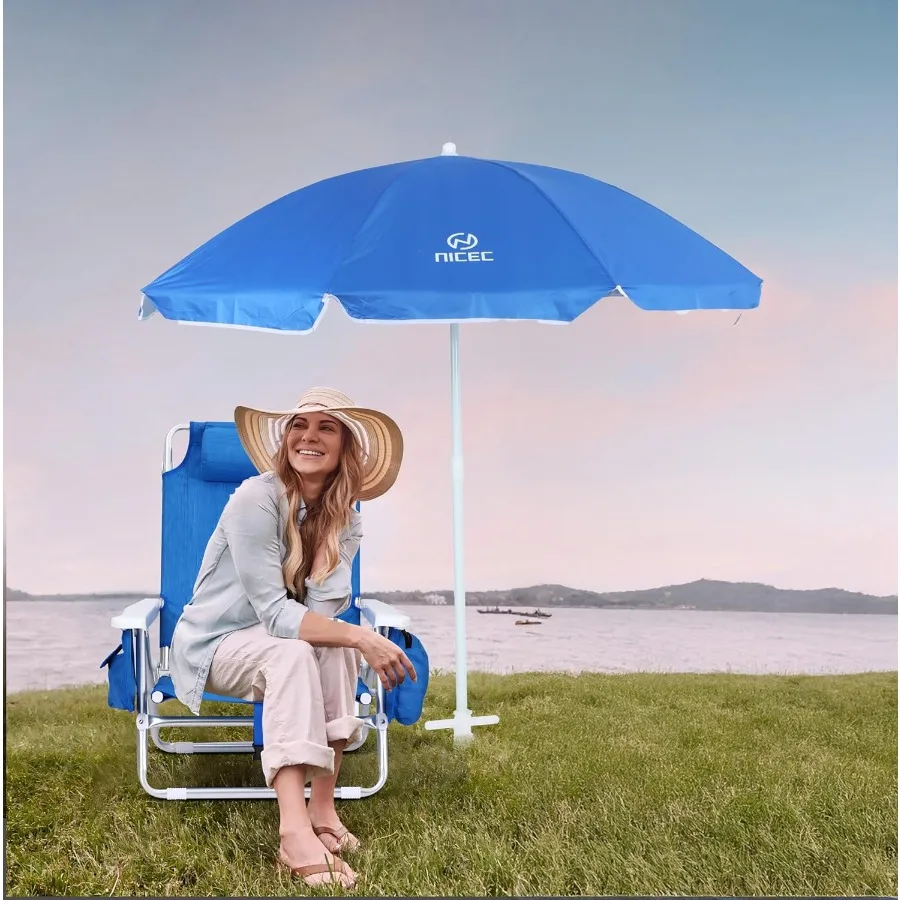 كرسي شاطئ على الظهر باللون الأزرق مع مبرد ومظلة مدمجة للبالغين، تصميم مكون من 5 أوضاع يتميز بحامل أكواب وشركاه #6