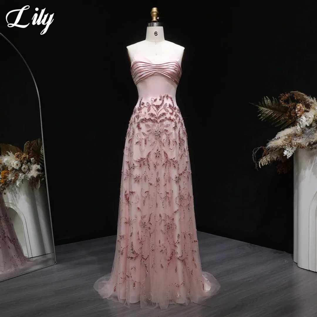 Lily Pink Sweetheart Prom Dress Ruched Satin Evening Dress With Floral Sequin Lace Elegant Formal A-Line Party Dress Customized