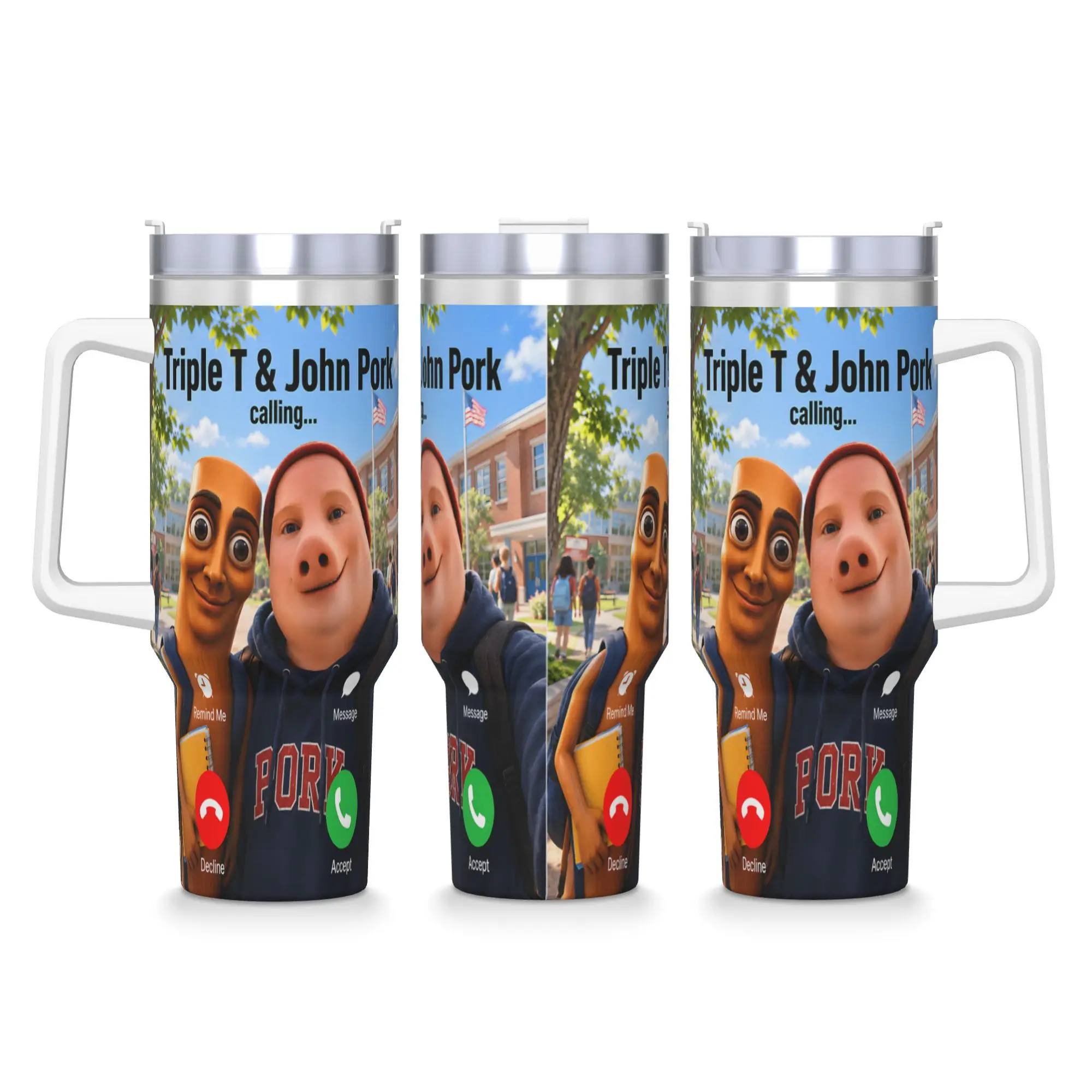Stainless Steel Tumbler Triple T and John Pork Calling Brainrot Back to School Car Mugs With Straws Cold Drink Water Bottle