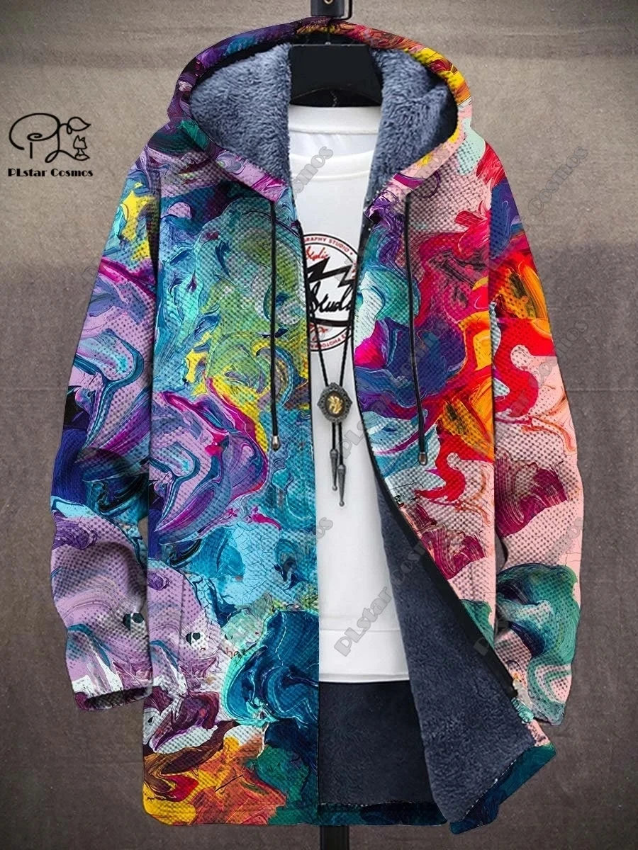 Capa masculina de inverno com zíper, padrão gradiente geométrico, estampa 3d, pelúcia, zíper grosso, capuz, neutro, rua, casual, jaqueta quente z0354