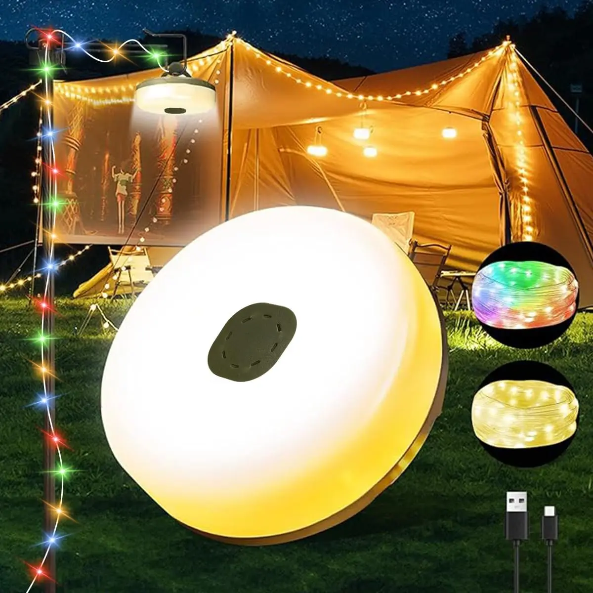 

33FT Camping String Lights with 8 Modes, Rechargeable Outdoor Lights with Delay Closure, Retractable Design & Hooks for Patio