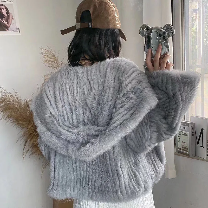 2023 Spring Knitted Real Rabbit Fur Coat With Hood Casual Loose Genuine Fur Hooded Jacket Female Outwear Ladies Natural Fur coat