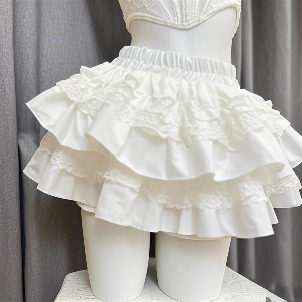 2026 Summer Lace Mini Cake Skirts Korea Design Casual Skirt Girls Outwear Sweet Ballet White High Waisted Slim Short Skirt Women