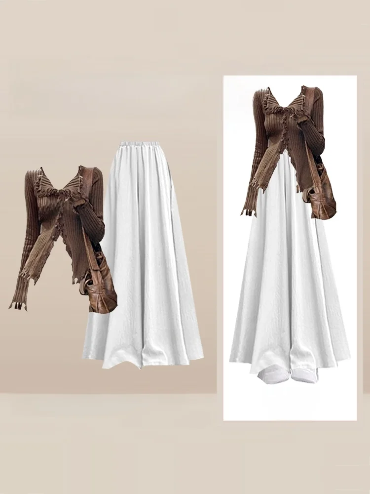 Herbstliches Lazy Sle Damen-Strickoberteil in Kaffeefarben und lässige Rockhose mit hoher Taille, erschwingliches und bequemes Ensemble