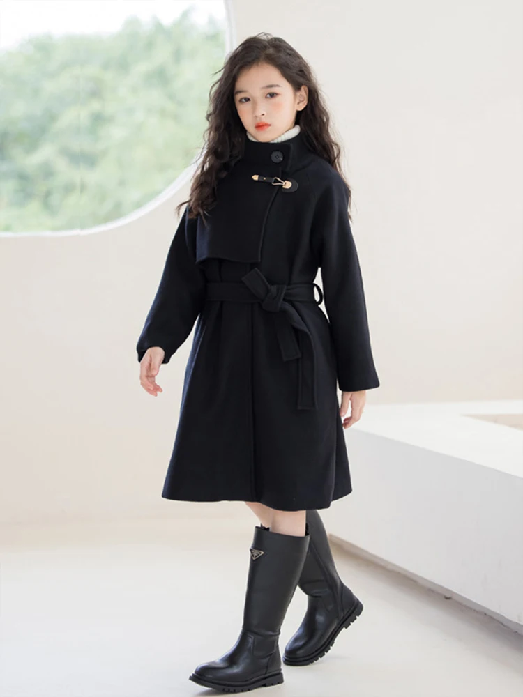 Girls Woolen Coat Autumn Winter 2024 New Fashionable Clothes Teen Grils Black Mid-length Overcoat Warm Coat for Children Wear