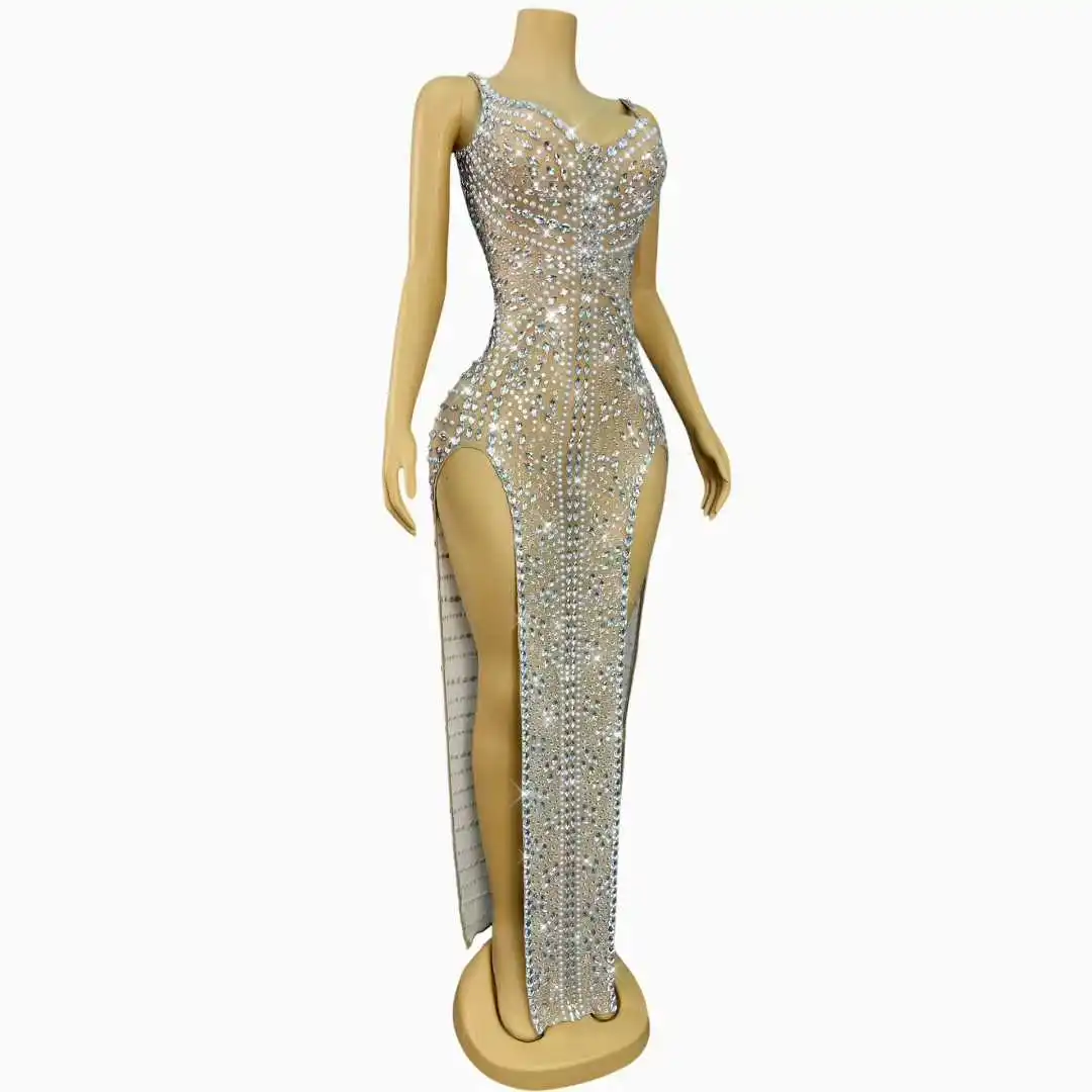 Luxury Twinkling Rhinestones Pearls Sexy V-neck High split Dress Evening Cocktail Birthday Party Gown Red carpet Stage Wear