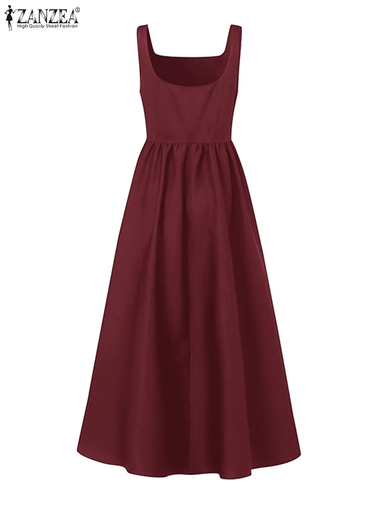 2025 ZANZEA Women Satin Sundress Vintage Square Neck Sleeveless Midi Dress Party Retro Chic Tank Vestidos Bohemian Swing Robe