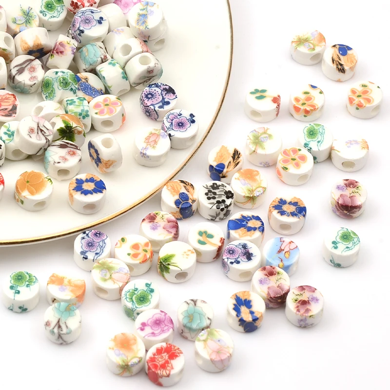 30pcs 0.8cm Mix Flat Round Shape Flower Patterns Ceramic Porcelain Loose Crafts Beads Lot for Jewelry Making DIY Findings