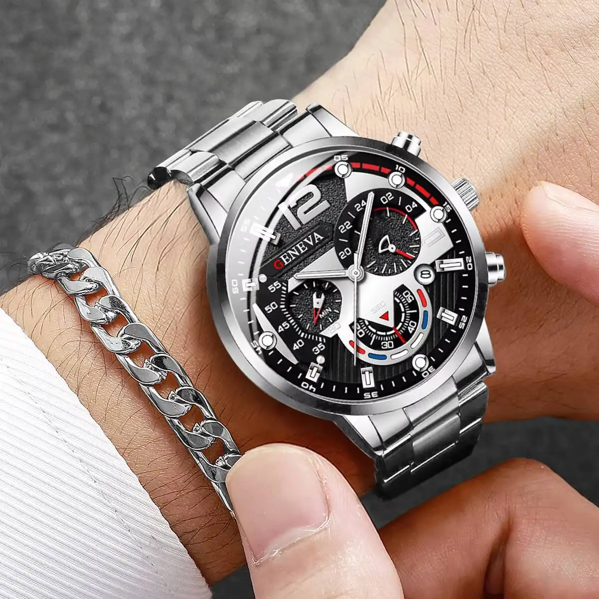 メンズアナログクォーツ時計とブレスレットのセット,スチールバンド,ビジネス,ファッション,ボックスなし,2個