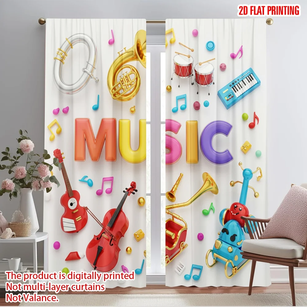 

2pcs 2D flat printing Curtain Music Creative Design Polyester Without Electricity Holiday Decorations for Outdoor and Home