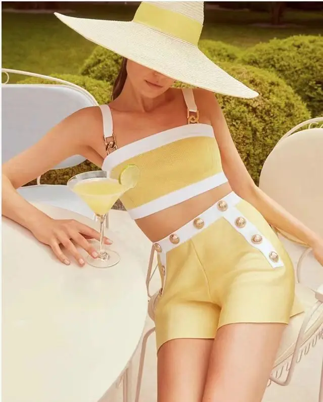 2022 Women Summer Sexy Button Yellow Two Piece Bodycon Shorts Bandage Set 2022 Celebrity Designer Evening Party Women's Set