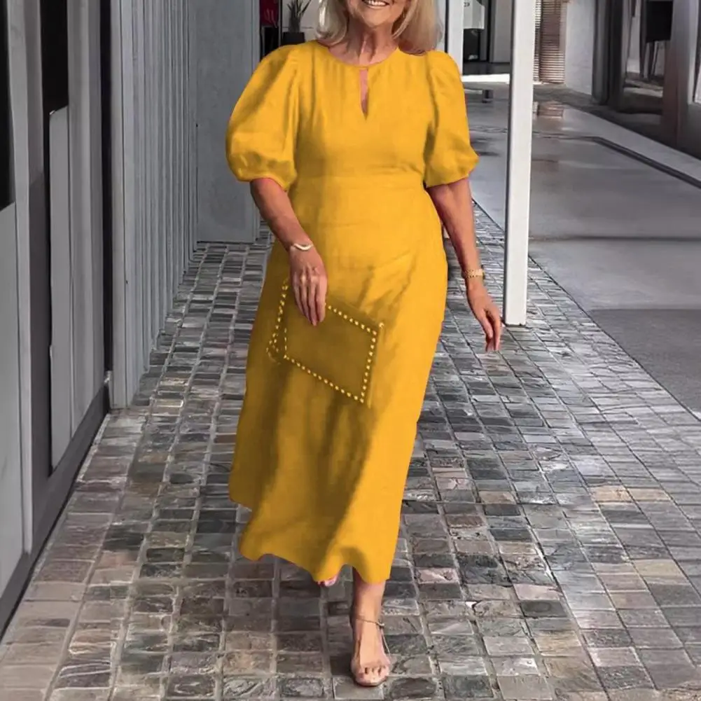 

Women Round Neck Dress Stylish Women's Bubble Sleeve Maxi Dress Chic Hollow Out A-line Design for Daily Wear Commute in Summer