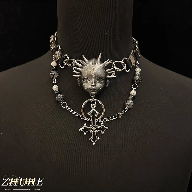 

ZHUHE Rivet Cross Face Necklace, Dark Punk Style, Personalized Design, Resin Material, Party Gift