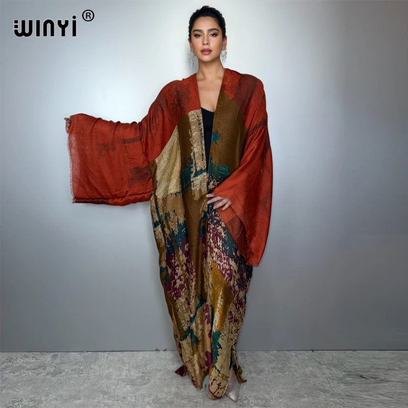 WINYI kimono Cardigan con stampa a olio Bikini Cover-up abiti da spiaggia per donna abito in cotone con sensazione caftano musulmano abaya dubai lusso