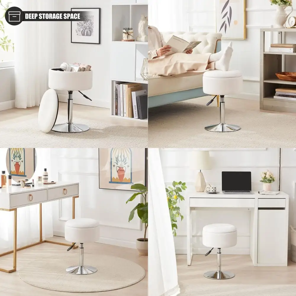 

Белый вращающийся табурет из искусственной кожи с отсеком для хранения для косметической комнаты и ванной