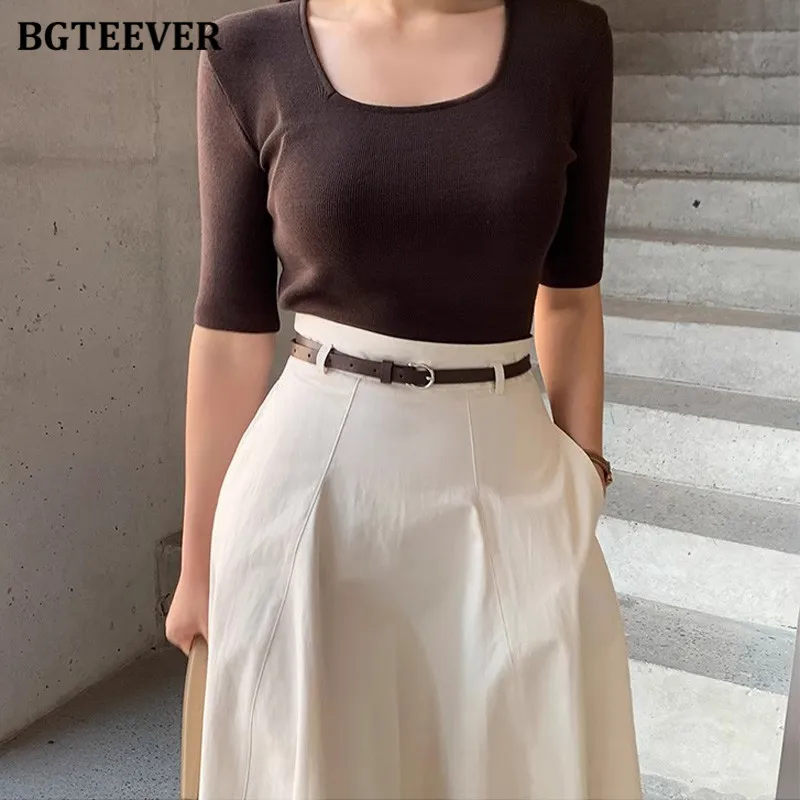 BGTEEVER Stylish High Waist Pockets A-line Skirts for Women Summer Elegant Loose Female Midi Skirts