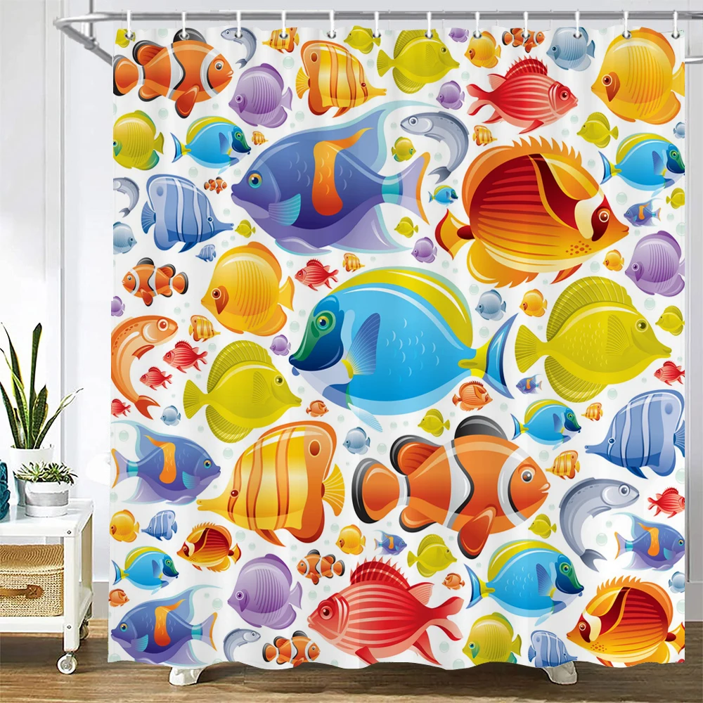 Cute Ocean Fish Shower Curtain Cartoon Painting Watercolor Baby Room Decor Curtain Modern Fabric Bathroom Curtain 180x180cm