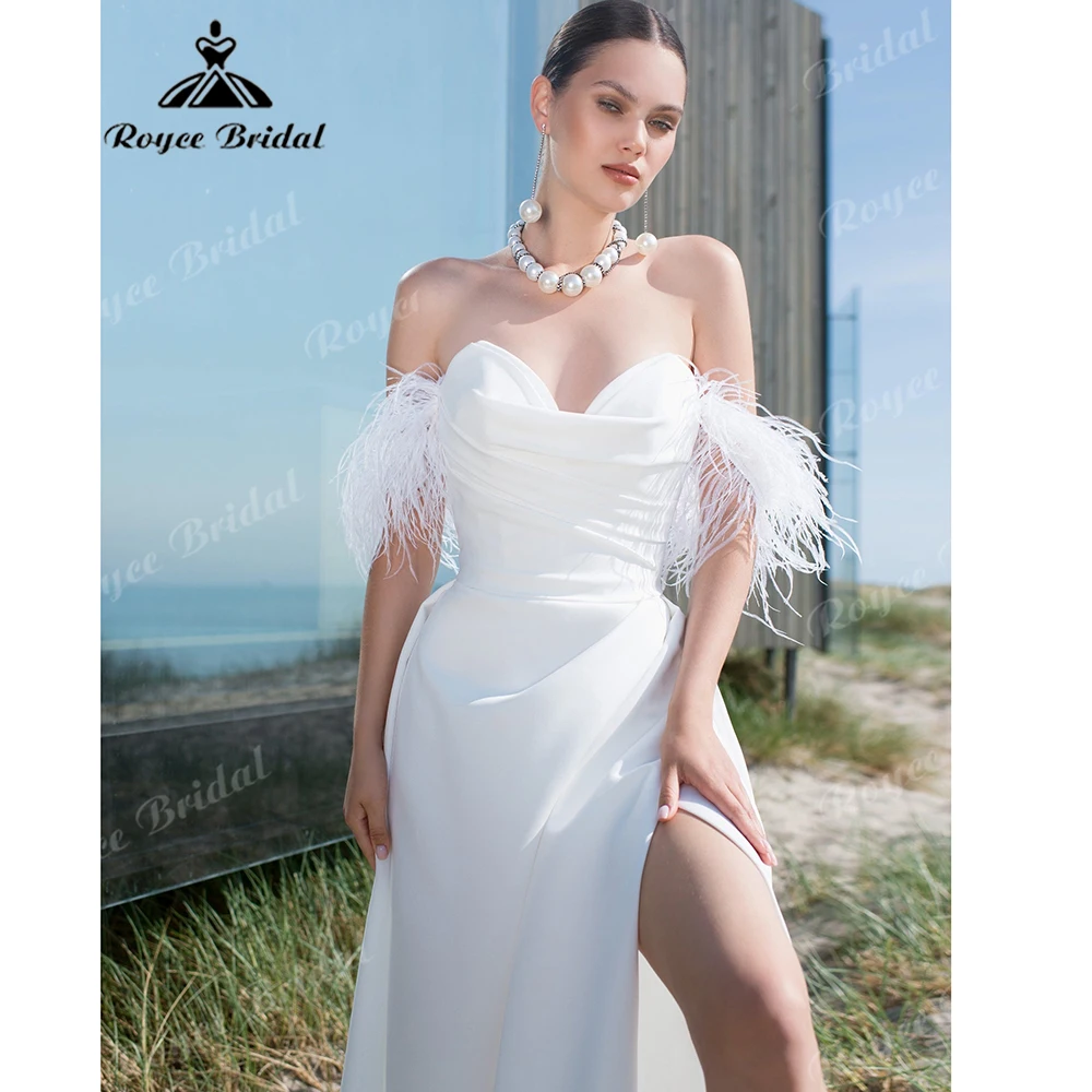 Roycebridal Off The Shoulder Feather Satin Wedding Dress Sweetheart Neck A Line Bridal Gown With Slit For Beach Wedding Customiz