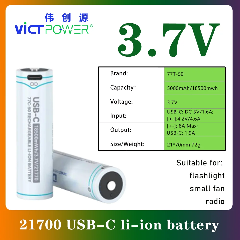 Victpower 21700 3.6V 5000mAh TYPE-C USB Single Output Dual Output Protected Rechargeable Li-ion Battery for Flashlight