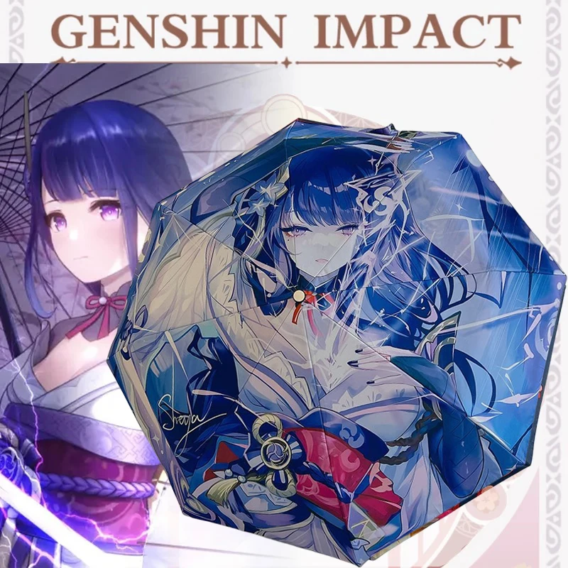 Genshin Hutao Anime Umbrella Creative Folding UV Blocking Parasol Genshin Impact Raiden Shogun Automatic Umbrellas Black Parasol