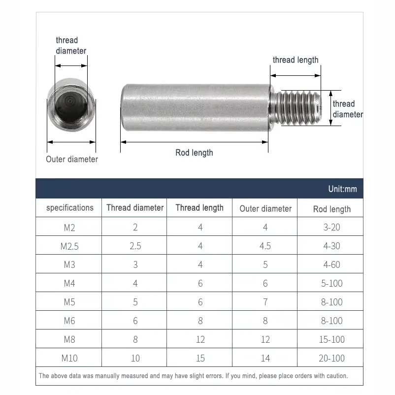 Stainless Steel Threaded Pillar M2 M2.5 M3 M4 M5 M6 Single Head Column Male to Female Round PCB Standoff Spacer Length:3-100mm