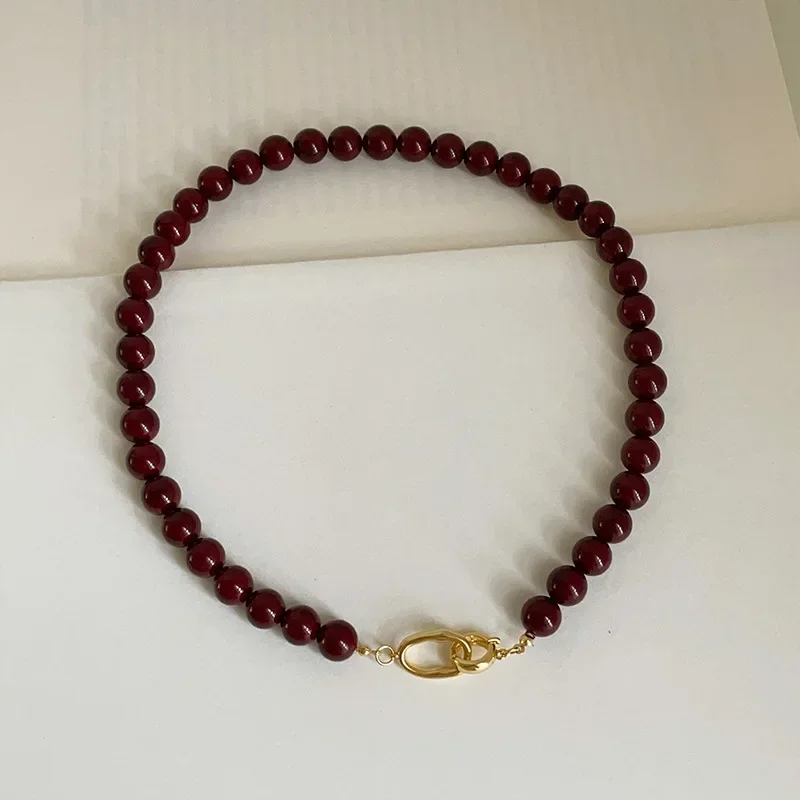 Minar – collier de perles en pierre naturelle d'agate rouge foncé française pour femmes, chaîne plaquée or, Double fermoir à bascule, ras de cou circulaire