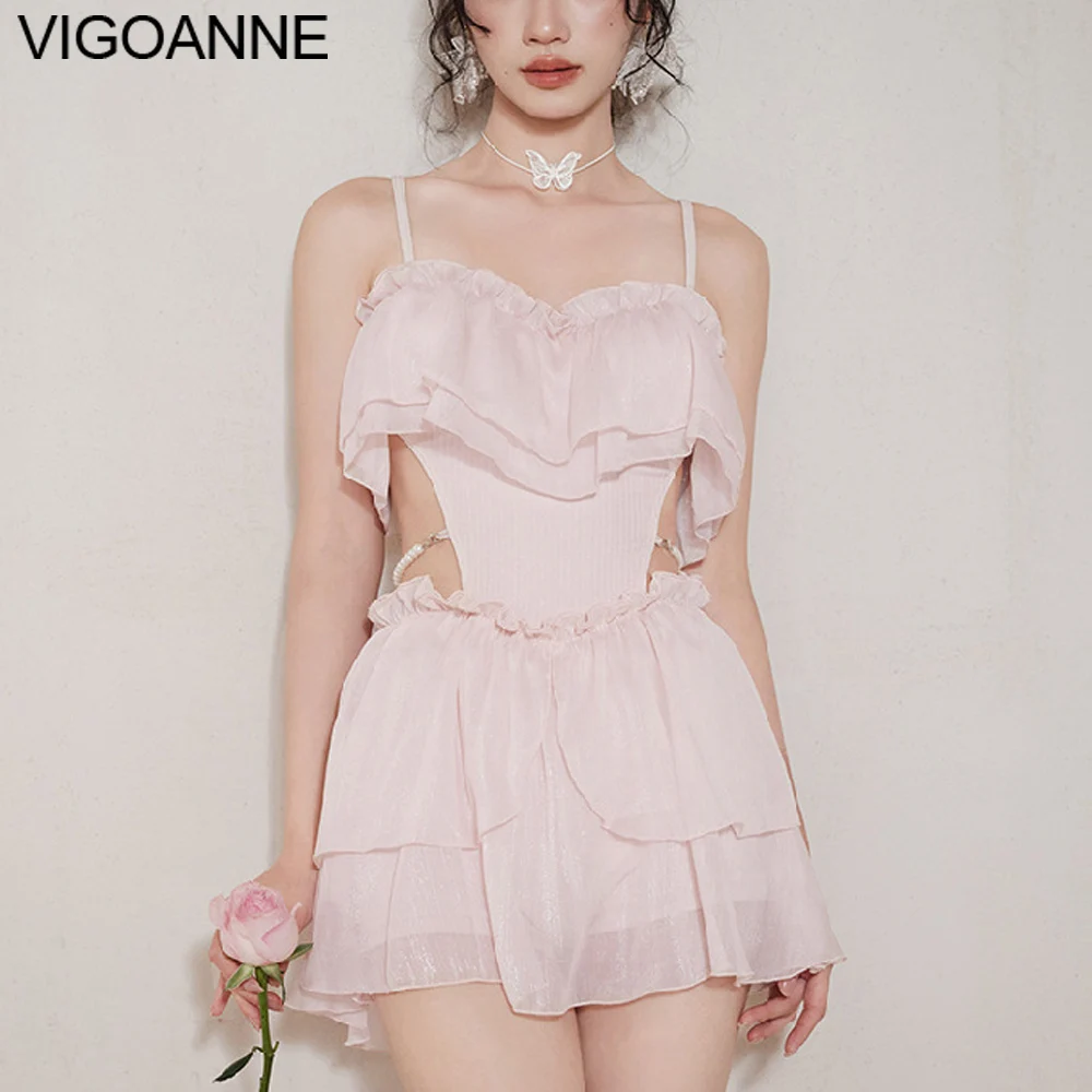

VigoAnne Solid Mesh Dress Swimwear Women 2024 Sexy Push UP Hollow One Piece Swimsuit Korean Monokini Backless Beach Bathing Suit