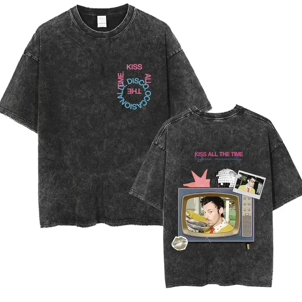 Kiss All The Time Disco Occasionally Washed Vintage T-shirt Fans Gift Men Women Fashion Pop Music Streetwear Male Oversized Tees