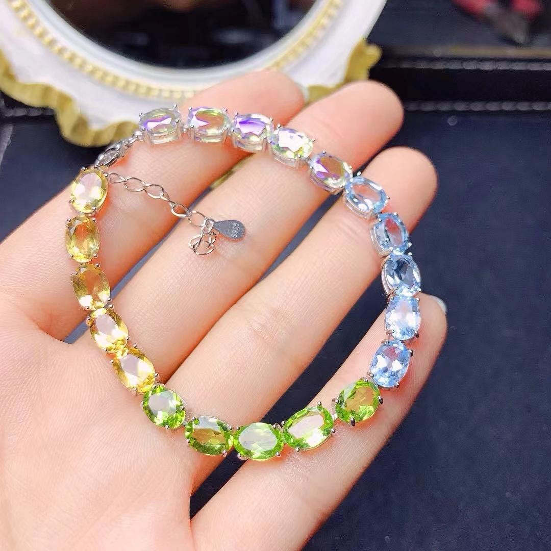 Fine Jewelry Natural Candy Gradient Topaz Women's Bracelet S925 Pure Silver Exquisite Inlaid Colorful Gem Support Testing