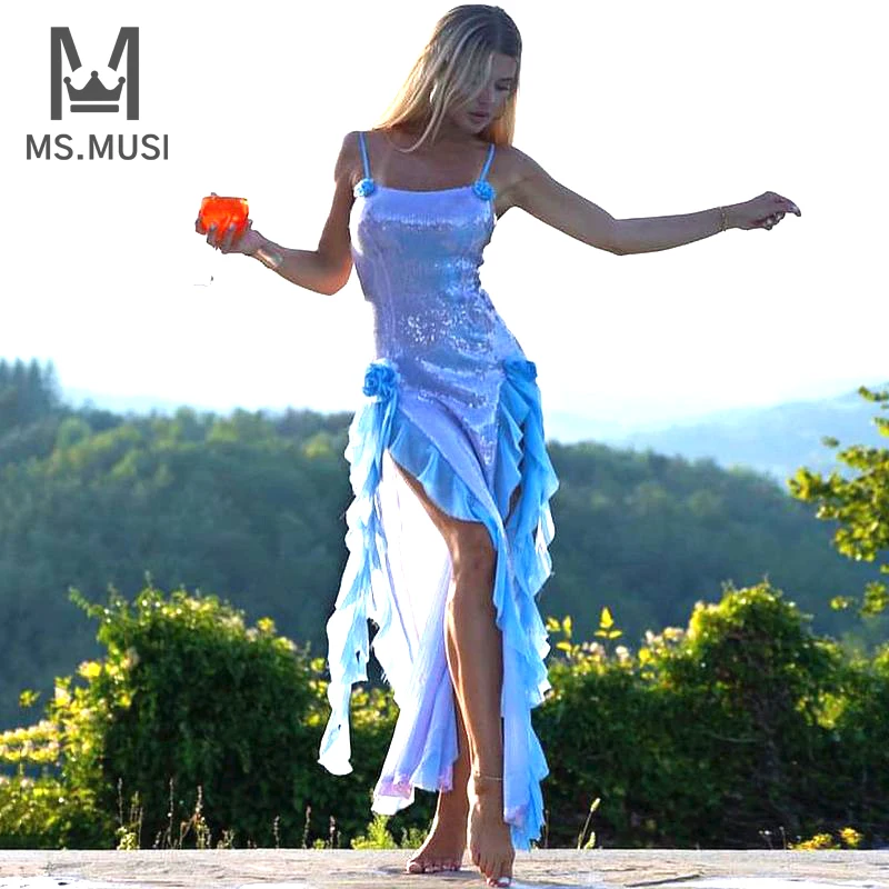 

MSMUSI 2023 New Fashion Women Sexy Strap Sequins Floral Ruffles Draped Fold Sleeveless Bodycon Party Club Maxi Dress Long Gown