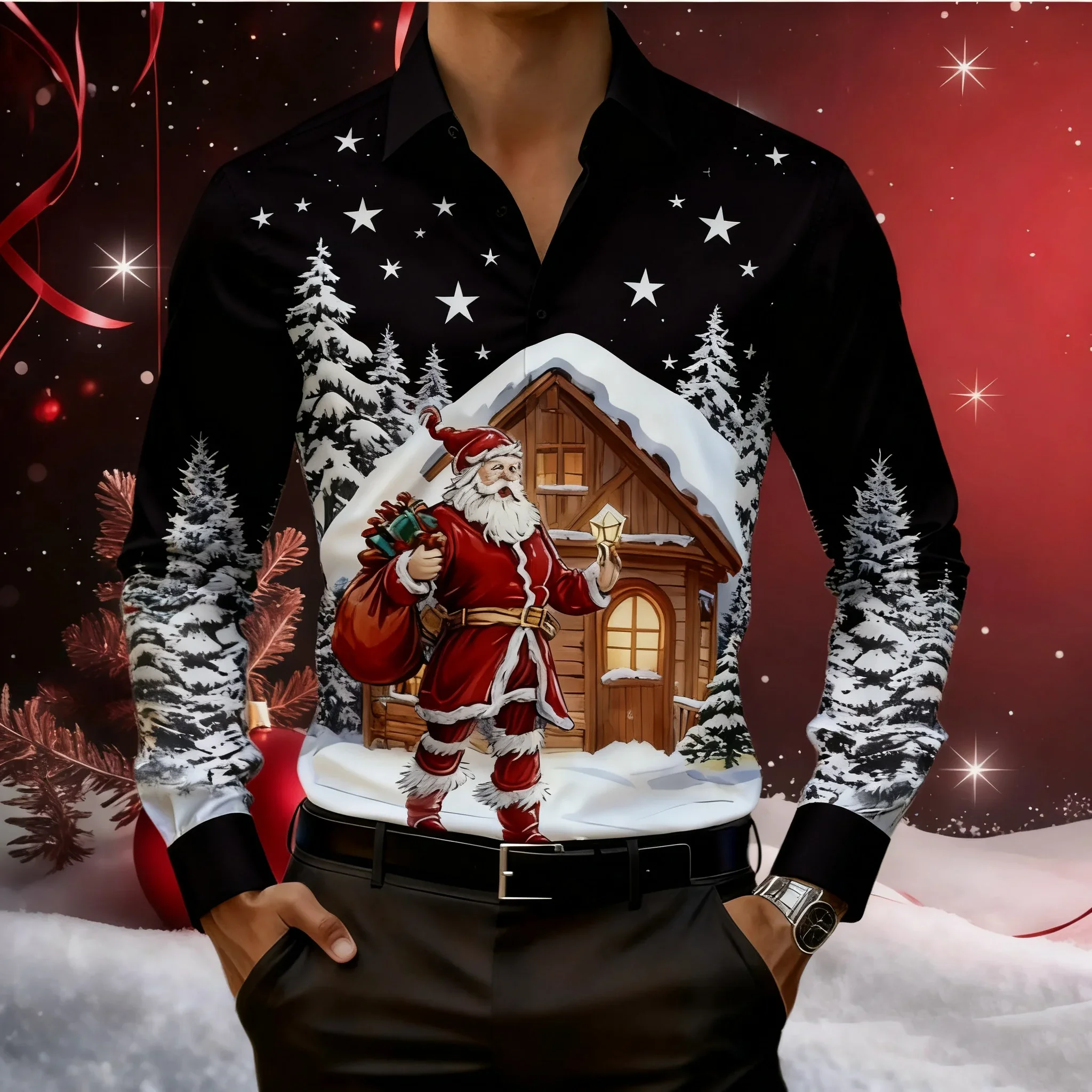 Men's hot selling button Christmas shirt outdoor holiday long sleeved 3D printed casual comfortable long sleeved red 2026 new pr
