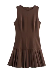 Willshela Women Fashion Brown Pleated Back Zpper Mini Dress Vintage O-Neck Sleeveless Female Chic Lady Dresses