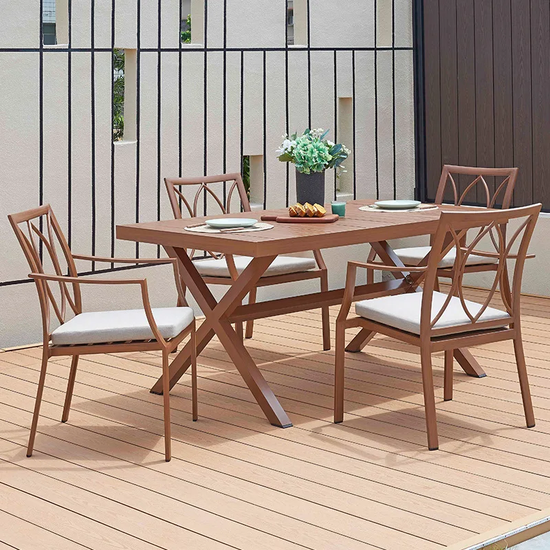 

Fashion Outdoor Courtyard Open-air Waterproof And Sunscreen Table And Chair Combination Aluminum Alloy Imitation Wood Grain