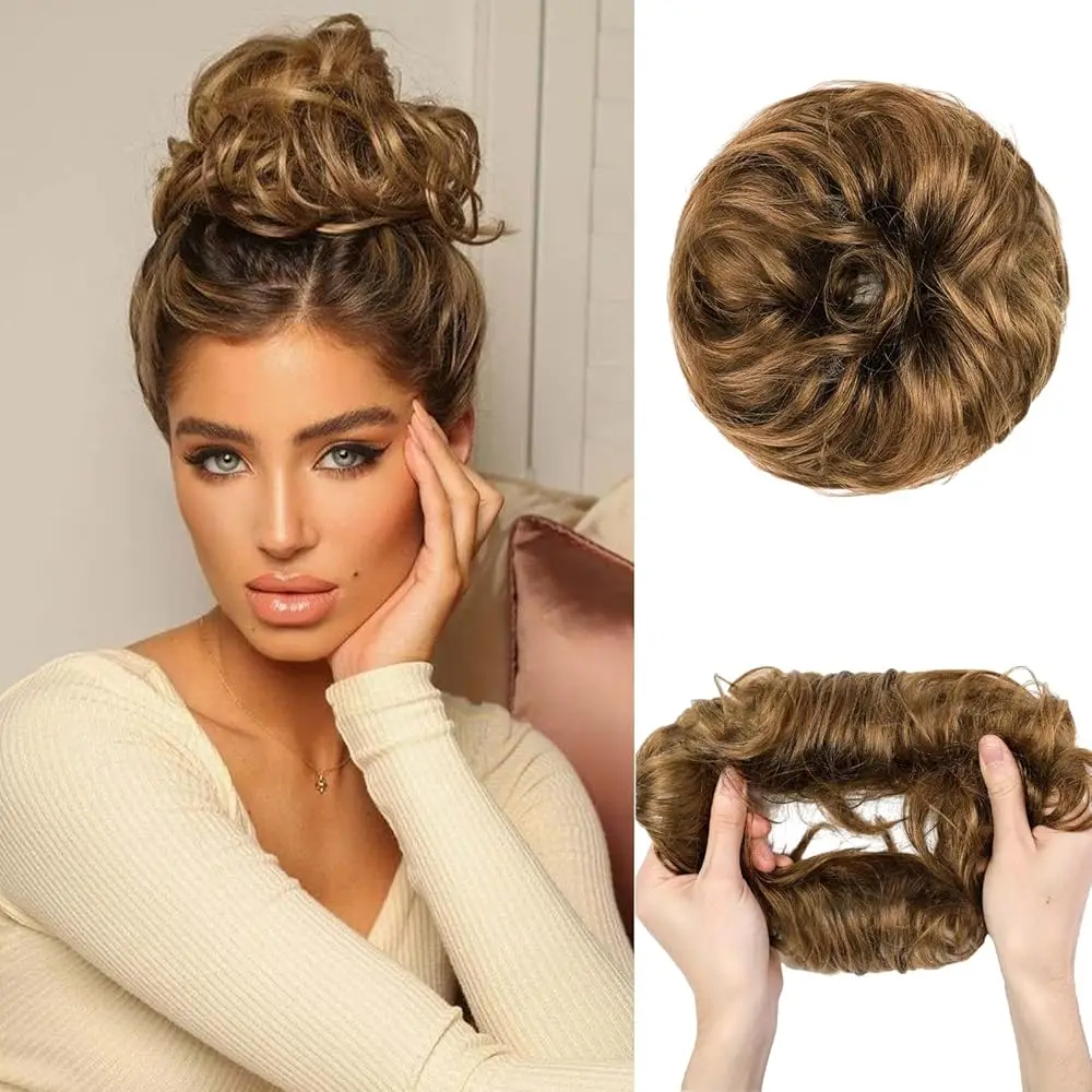 Light Brown Human Hair Messy Hair Bun Curly Chignon Extensions With Rubber Band 100% Human Hair Messy Bun Hair Piece for Women