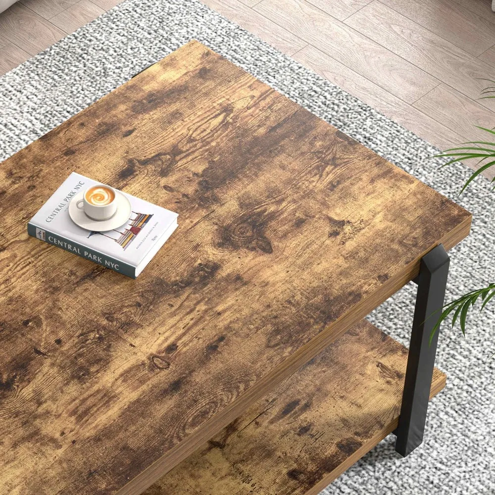 Modern Coffee Table, Rustic Wood Center Table with Storage for Living Room, Industrial Rectangle 2 Tier Low Cocktail Tea Table,