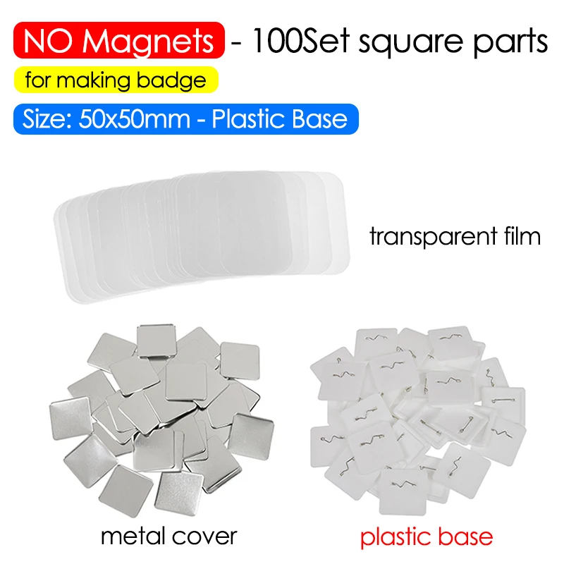 

Juice Pin Badge Making Supplies 100PCS 50x50mm, Square Button Parts Kit with Dutch Pin & Plastic Base, DIY Pin Maker Consumables