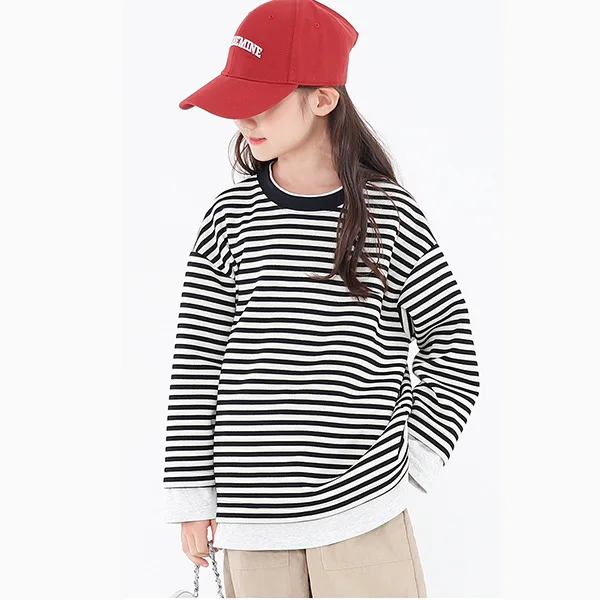 ملابس الفتيات لخريف وشتاء 2025 مع قلنسوة مخططة بأكمام طويلة تي شيرت فستان مراهق للأطفال فضفاض 4 6 7 8 9 10 11 12 سنة